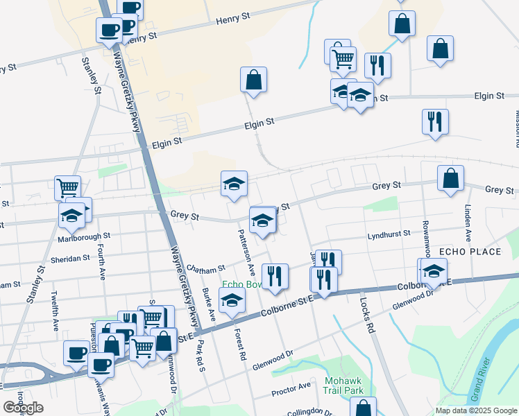map of restaurants, bars, coffee shops, grocery stores, and more near 492 Grey Street in Brantford