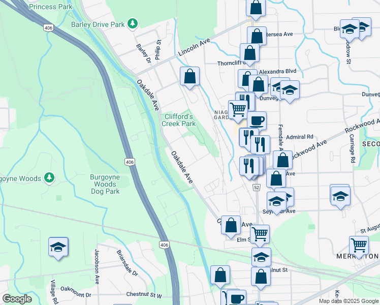map of restaurants, bars, coffee shops, grocery stores, and more near 5 Haight Street in St. Catharines