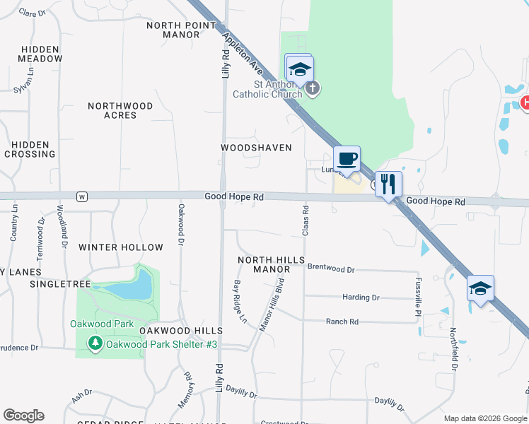 map of restaurants, bars, coffee shops, grocery stores, and more near N72W13791 Good Hope Road in Menomonee Falls