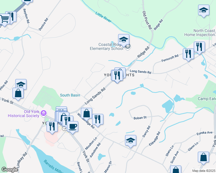 map of restaurants, bars, coffee shops, grocery stores, and more near 100 Long Sands Road in York
