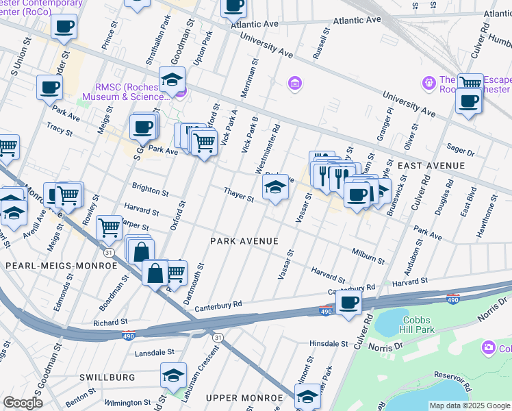 map of restaurants, bars, coffee shops, grocery stores, and more near 202 Westminster Road in Rochester