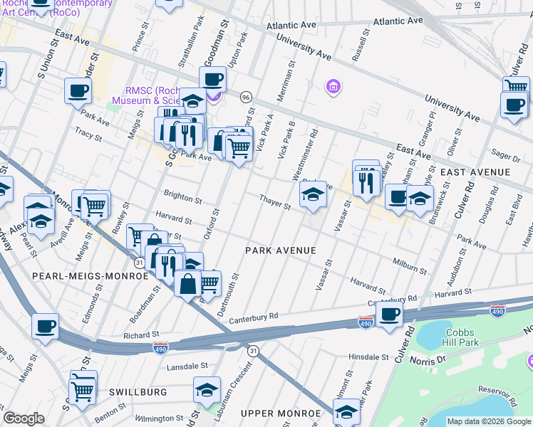 map of restaurants, bars, coffee shops, grocery stores, and more near 84 Dartmouth Street in Rochester