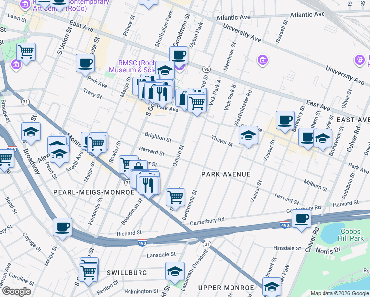 map of restaurants, bars, coffee shops, grocery stores, and more near 400 Oxford Street in Rochester