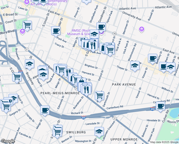 map of restaurants, bars, coffee shops, grocery stores, and more near 168 Harvard Street in Rochester