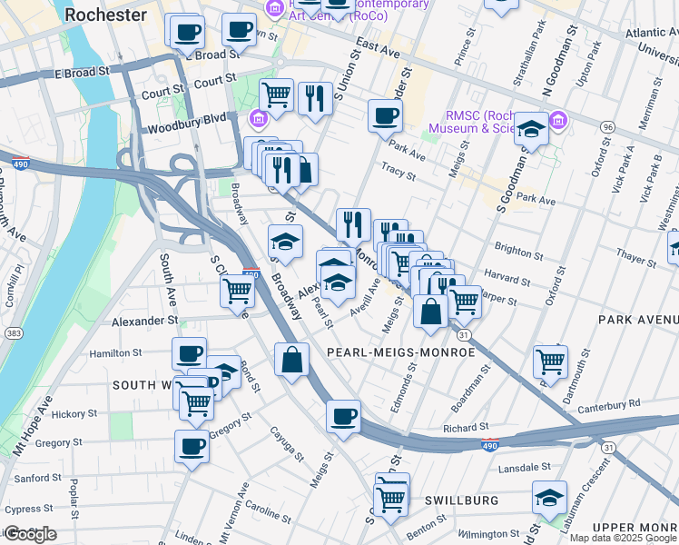 map of restaurants, bars, coffee shops, grocery stores, and more near 172 Alexander Street in Rochester