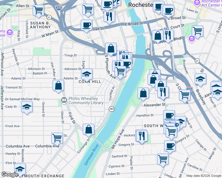 map of restaurants, bars, coffee shops, grocery stores, and more near 86 Cornhill Place in Rochester