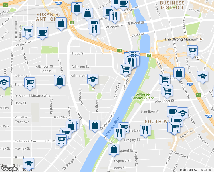 map of restaurants, bars, coffee shops, grocery stores, and more near 235 South Fitzhugh Street in Rochester