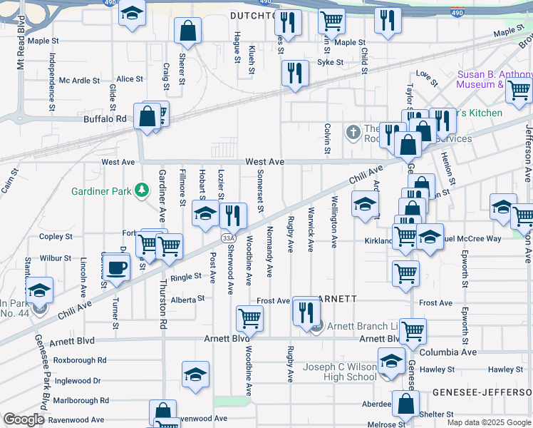 map of restaurants, bars, coffee shops, grocery stores, and more near 285 Chili Avenue in Rochester