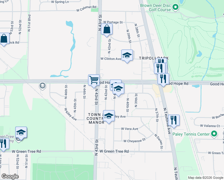 map of restaurants, bars, coffee shops, grocery stores, and more near 7133 North 41st Street in Milwaukee