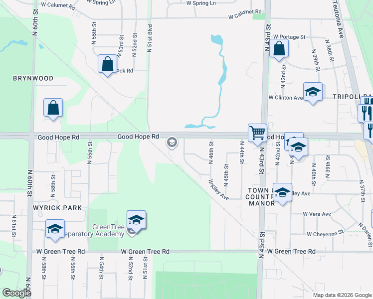 map of restaurants, bars, coffee shops, grocery stores, and more near 7140 North 48th Street in Milwaukee