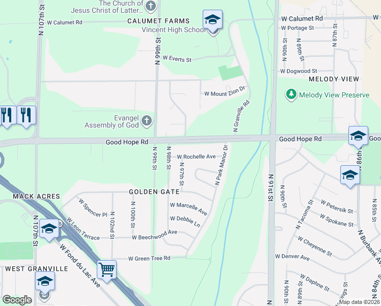 map of restaurants, bars, coffee shops, grocery stores, and more near 9610 West Rochelle Avenue in Milwaukee