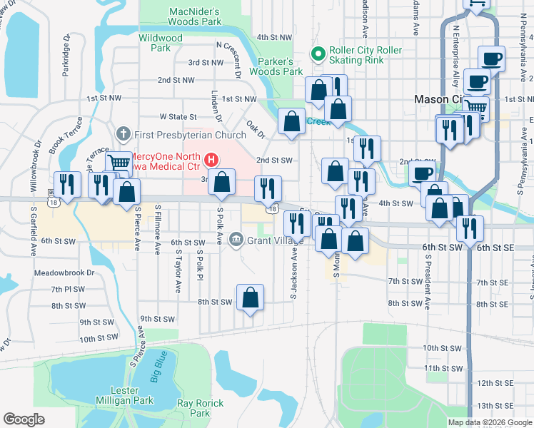 map of restaurants, bars, coffee shops, grocery stores, and more near 400-498 S Van Buren Ave in Mason City