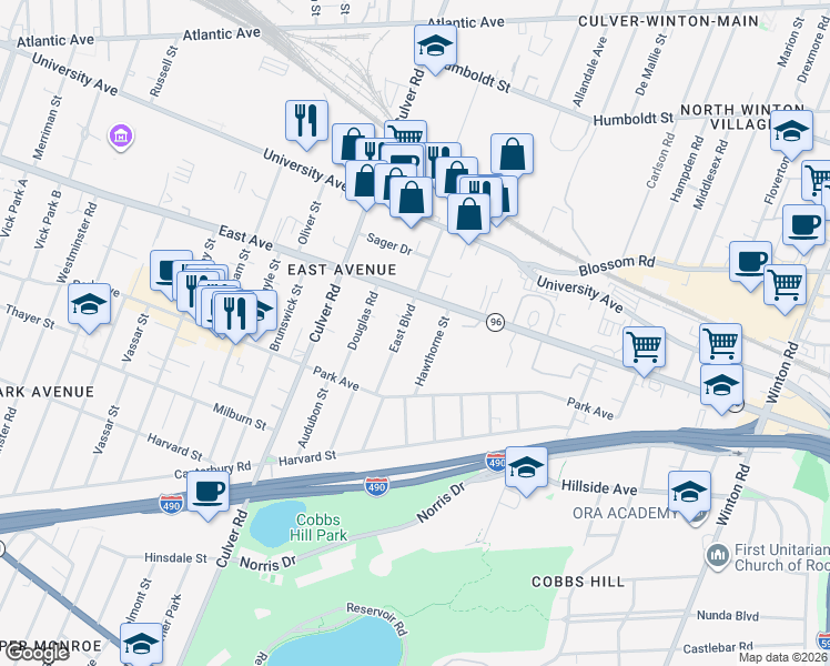 map of restaurants, bars, coffee shops, grocery stores, and more near 32 East Boulevard in Rochester