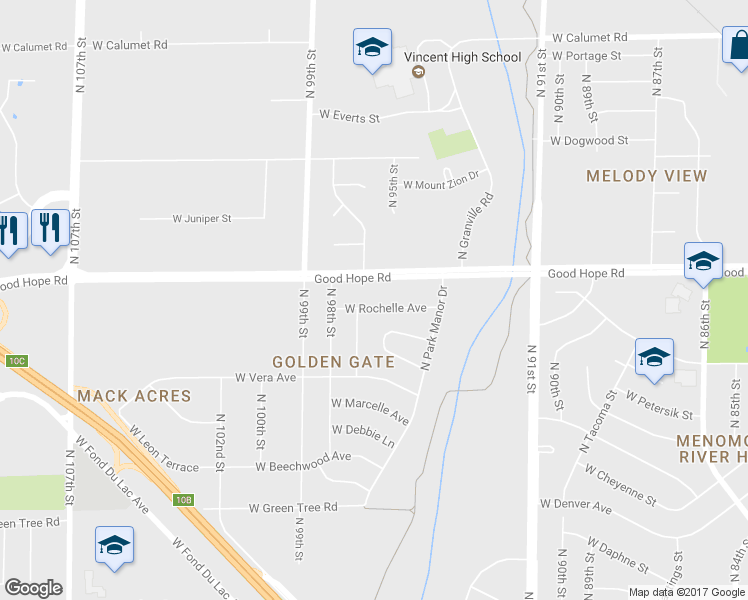 map of restaurants, bars, coffee shops, grocery stores, and more near 9610 West Rochelle Avenue in Milwaukee