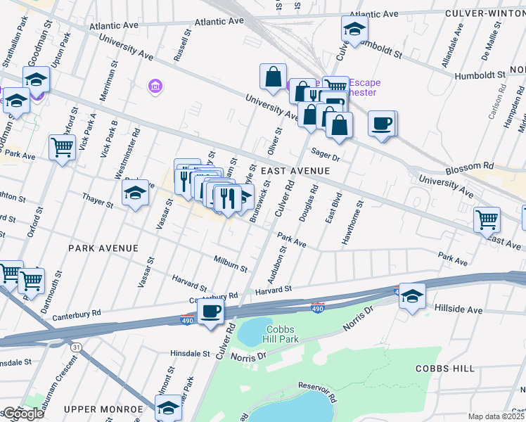 map of restaurants, bars, coffee shops, grocery stores, and more near 106 Brunswick Street in Rochester