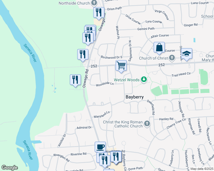 map of restaurants, bars, coffee shops, grocery stores, and more near 124 Woodside Lane in Liverpool