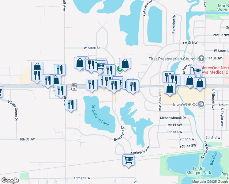 map of restaurants, bars, coffee shops, grocery stores, and more near 2117 4th Street Southwest in Mason City