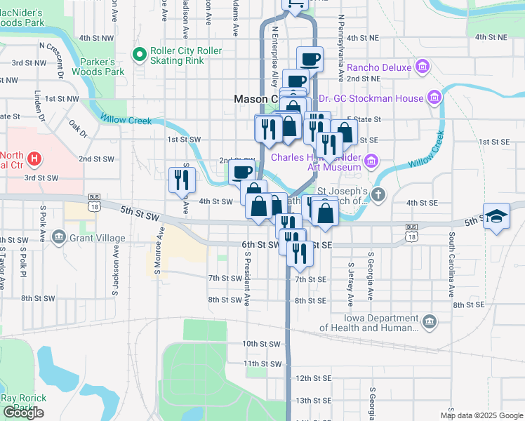 map of restaurants, bars, coffee shops, grocery stores, and more near 15 4th Street Southwest in Mason City