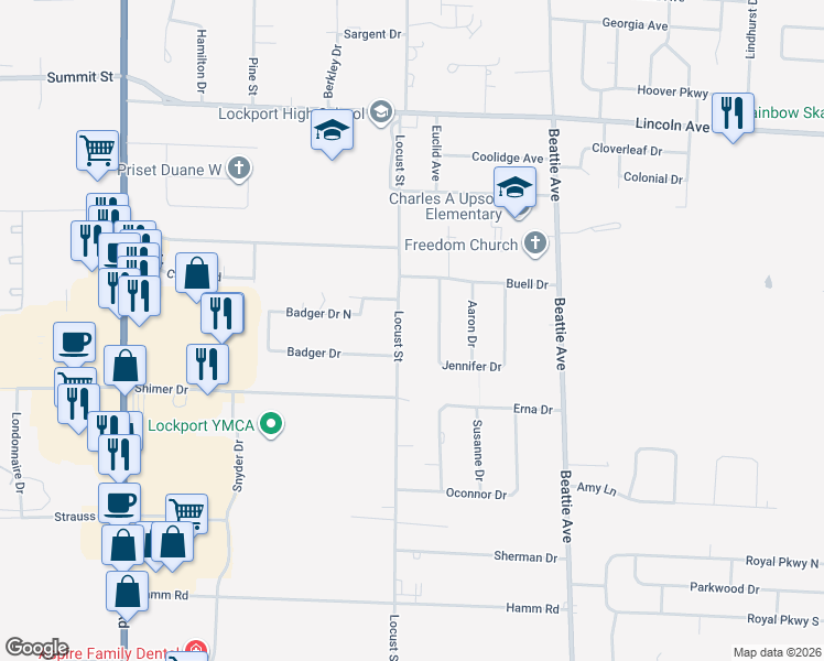 map of restaurants, bars, coffee shops, grocery stores, and more near 5709 Locust Street in Lockport