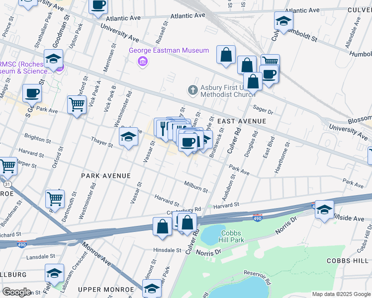 map of restaurants, bars, coffee shops, grocery stores, and more near 715 Park Avenue in Rochester