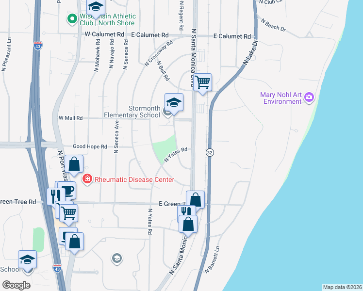 map of restaurants, bars, coffee shops, grocery stores, and more near 7140 North Yates Road in Fox Point