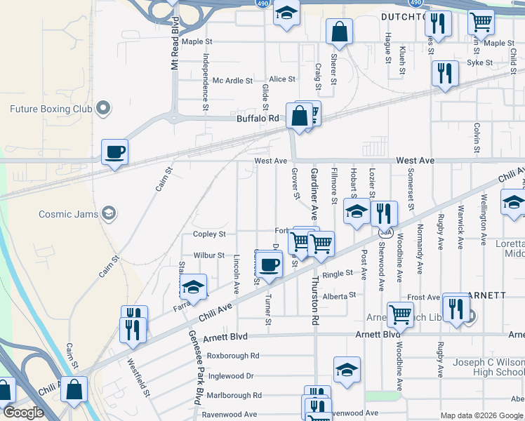 map of restaurants, bars, coffee shops, grocery stores, and more near 113 Depew Street in Rochester