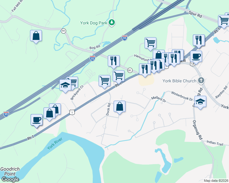 map of restaurants, bars, coffee shops, grocery stores, and more near 373 U.S. 1 in York