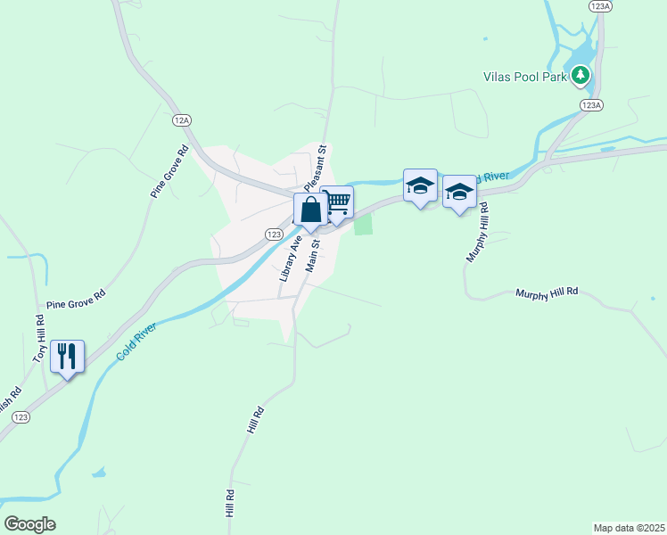 map of restaurants, bars, coffee shops, grocery stores, and more near 19 Main Street in Alstead