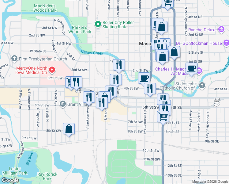 map of restaurants, bars, coffee shops, grocery stores, and more near 423 4th Street Southwest in Mason City