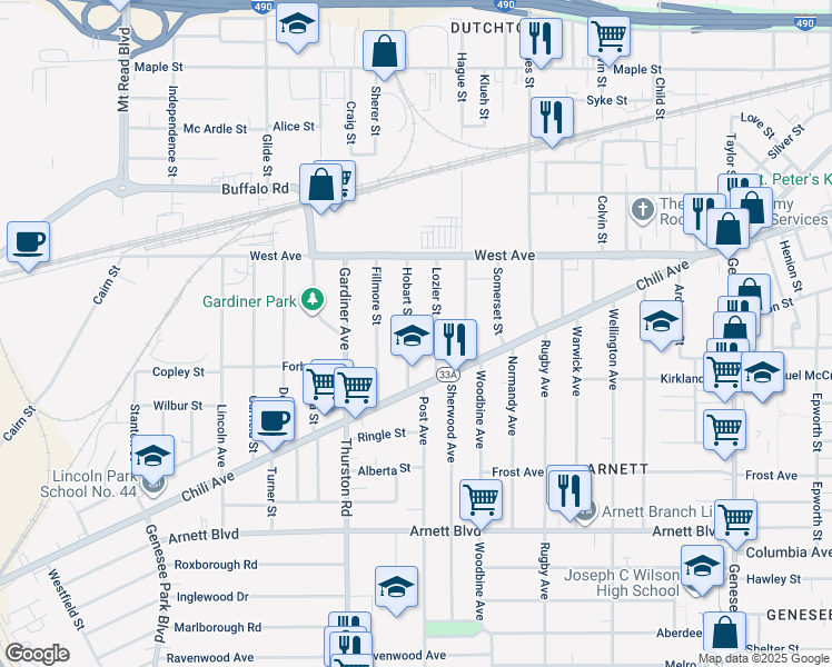 map of restaurants, bars, coffee shops, grocery stores, and more near 113 Hobart Street in Rochester