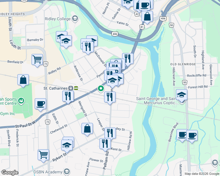 map of restaurants, bars, coffee shops, grocery stores, and more near in St. Catharines