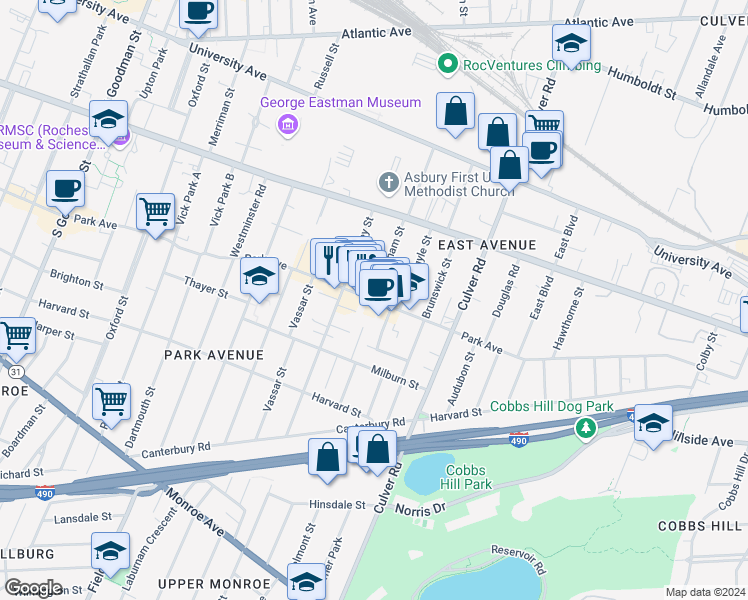 map of restaurants, bars, coffee shops, grocery stores, and more near 707 Park Ave in Rochester