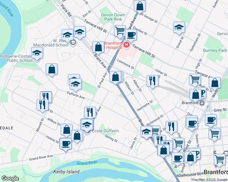 map of restaurants, bars, coffee shops, grocery stores, and more near 31 Palmerston Avenue in Brantford