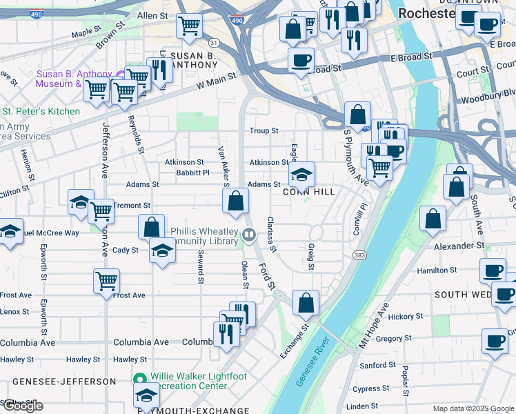 map of restaurants, bars, coffee shops, grocery stores, and more near 135 Adams Street in Rochester