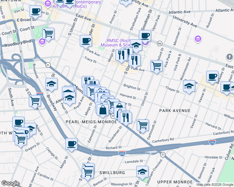 map of restaurants, bars, coffee shops, grocery stores, and more near South Goodman Street & Harvard Street in Rochester