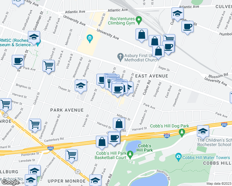 map of restaurants, bars, coffee shops, grocery stores, and more near Park Avenue & Buckingham Street in Rochester