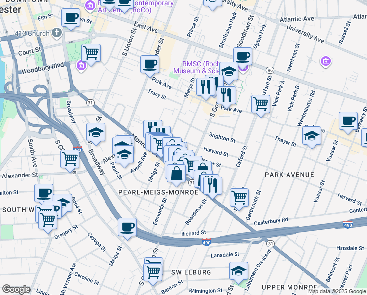 map of restaurants, bars, coffee shops, grocery stores, and more near 315 South Goodman Street in Rochester
