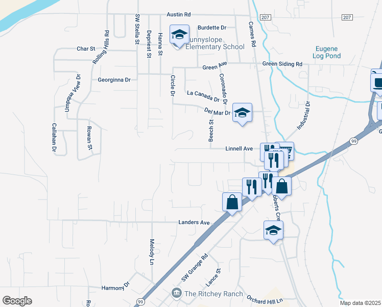 map of restaurants, bars, coffee shops, grocery stores, and more near 421 Southwest Chandler Drive in Roseburg
