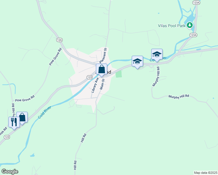map of restaurants, bars, coffee shops, grocery stores, and more near 19 Main Street in Alstead