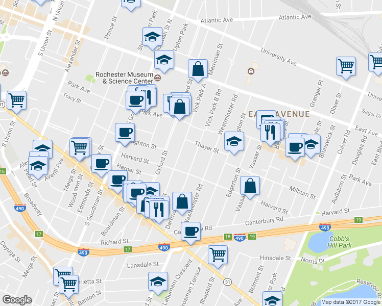 map of restaurants, bars, coffee shops, grocery stores, and more near 84 Dartmouth Street in Rochester