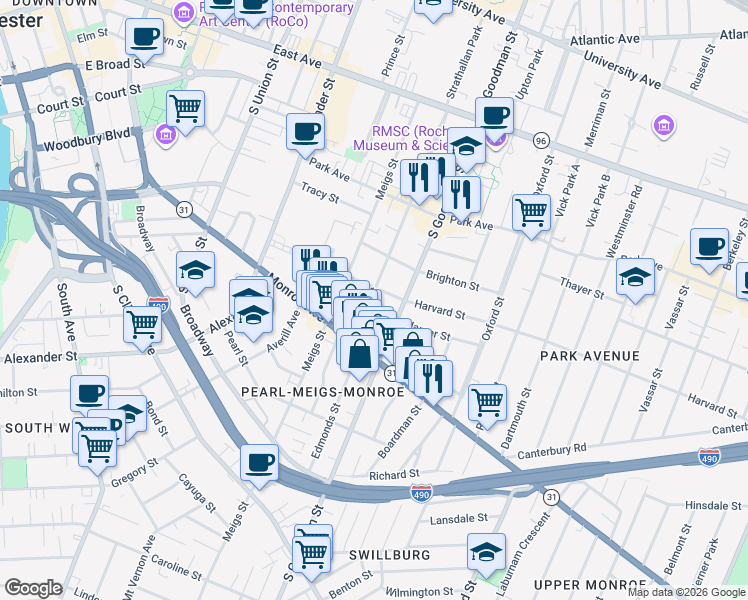 map of restaurants, bars, coffee shops, grocery stores, and more near 315 South Goodman Street in Rochester