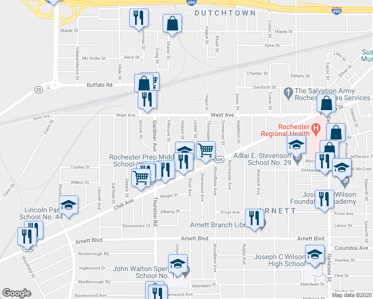 map of restaurants, bars, coffee shops, grocery stores, and more near 113 Hobart Street in Rochester