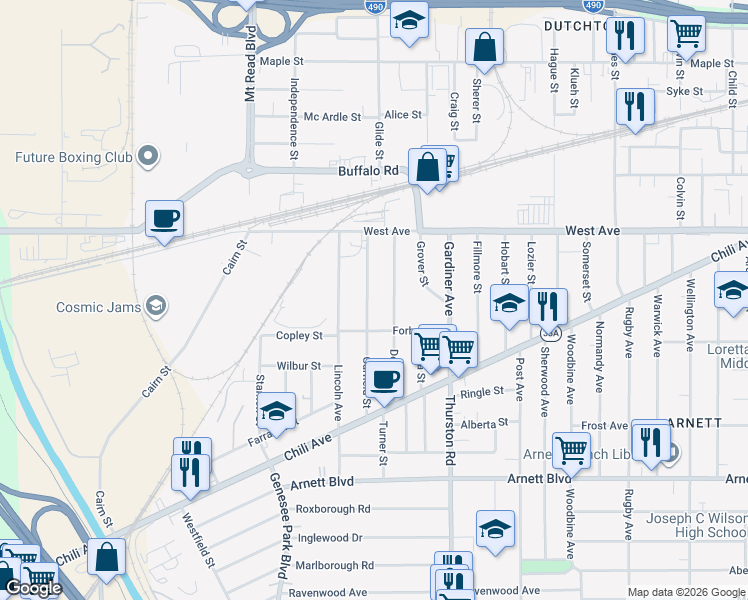 map of restaurants, bars, coffee shops, grocery stores, and more near 119 Garfield Street in Rochester
