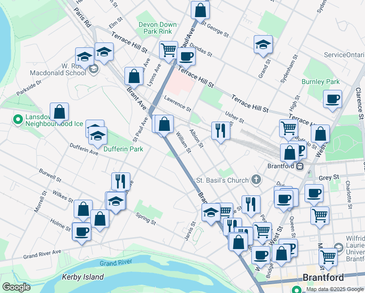 map of restaurants, bars, coffee shops, grocery stores, and more near in Brantford