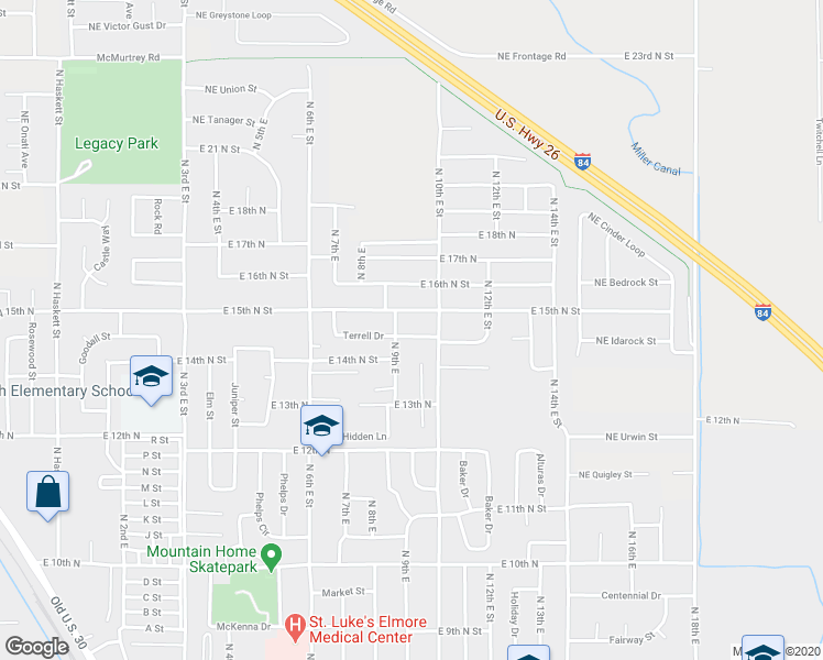 map of restaurants, bars, coffee shops, grocery stores, and more near 950 Terrell Drive in Mountain Home