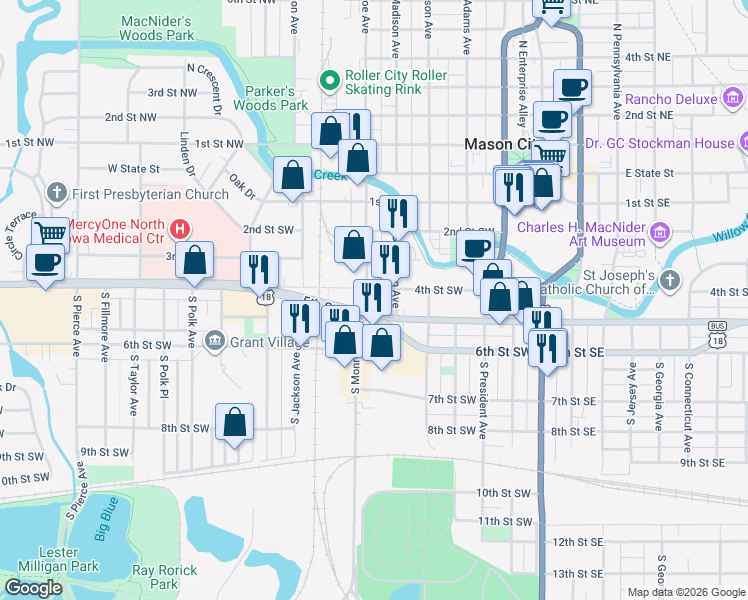 map of restaurants, bars, coffee shops, grocery stores, and more near 423 4th Street Southwest in Mason City