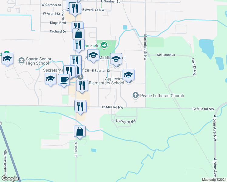 map of restaurants, bars, coffee shops, grocery stores, and more near 181 Clark Street Northwest in Sparta