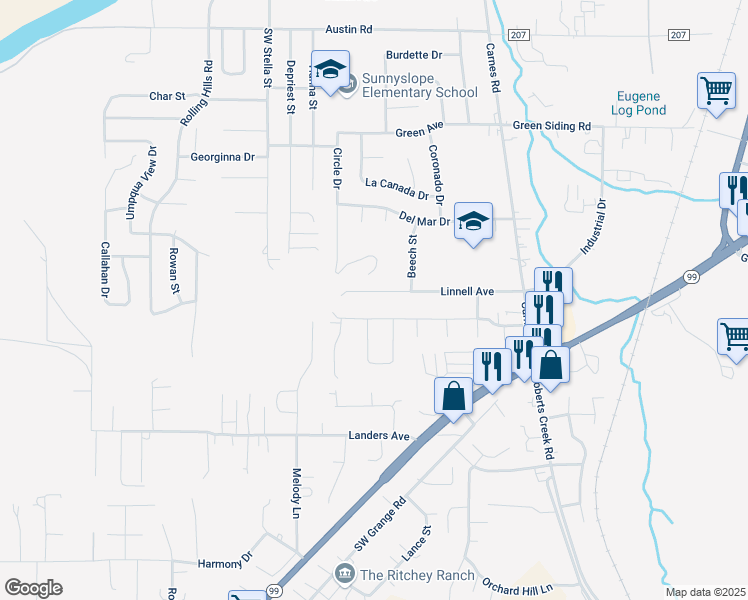 map of restaurants, bars, coffee shops, grocery stores, and more near 421 Southwest Chandler Drive in Roseburg