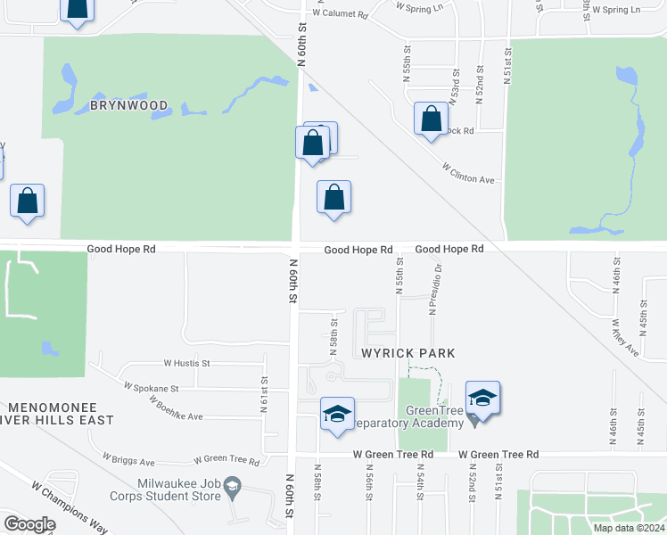 map of restaurants, bars, coffee shops, grocery stores, and more near 5701 Good Hope Road in Milwaukee