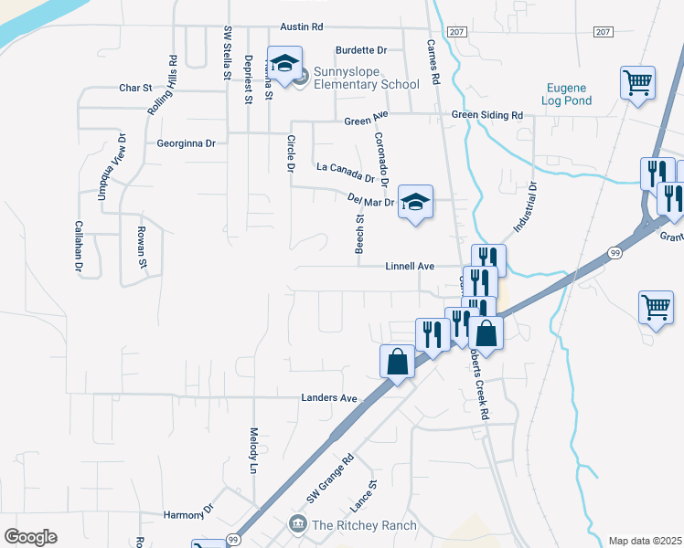 map of restaurants, bars, coffee shops, grocery stores, and more near 421 Southwest Chandler Drive in Roseburg